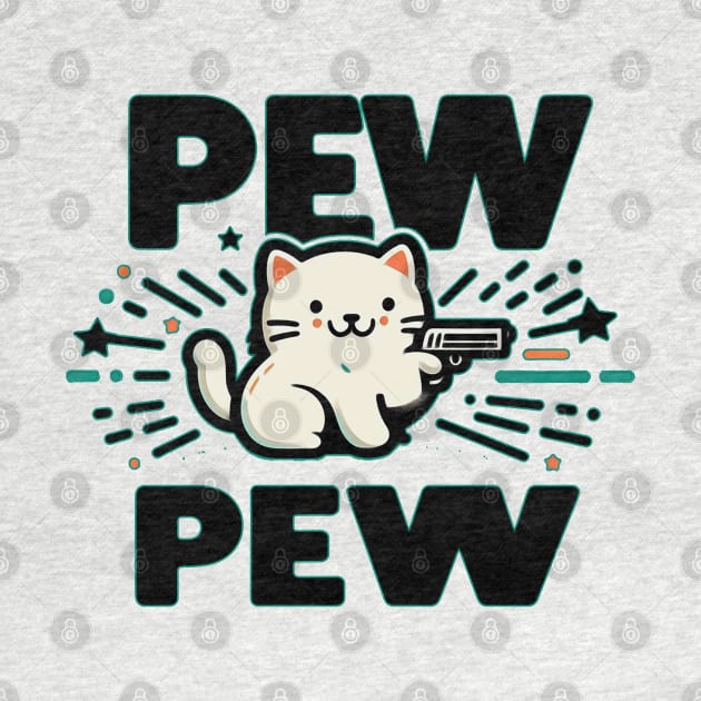 Pew Pew Funny Cat with Gun by Mad&Happy